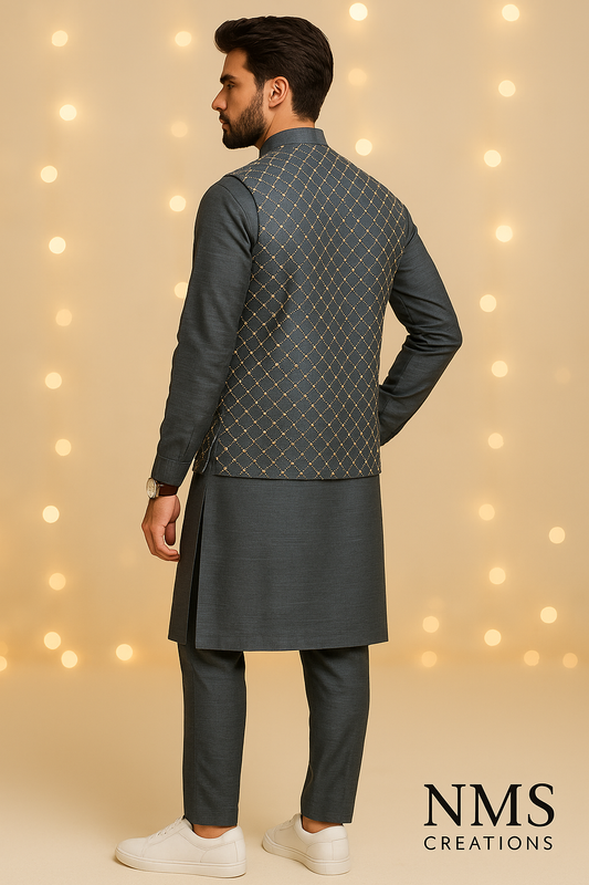 Royal Gray Nehru Jacket Set with Gold Thread Detailing | Code: 1196