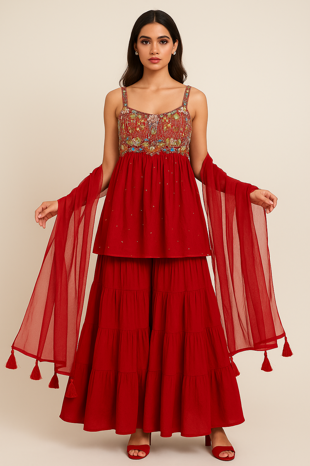 Royal Red Indo-Western Sharara Set