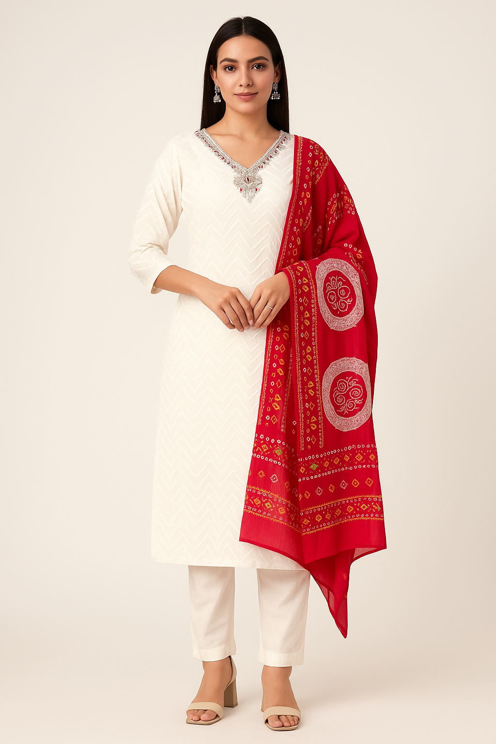Woman wearing a white kurta with a red dupatta featuring intricate patterns on a white background