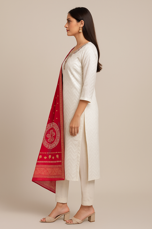 Woman wearing a white kurta with a red dupatta on a beige background