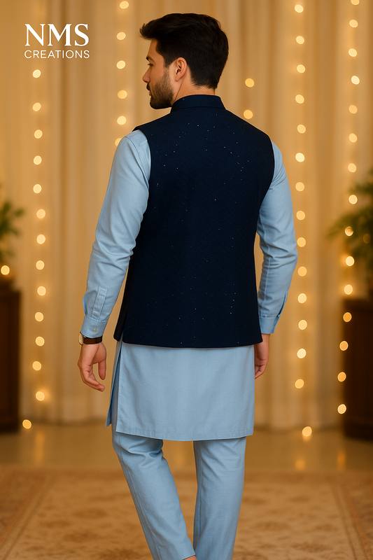 Royal Blue Koti Kurta Set with Embroidered Nehru Jacket | Code: 1787
