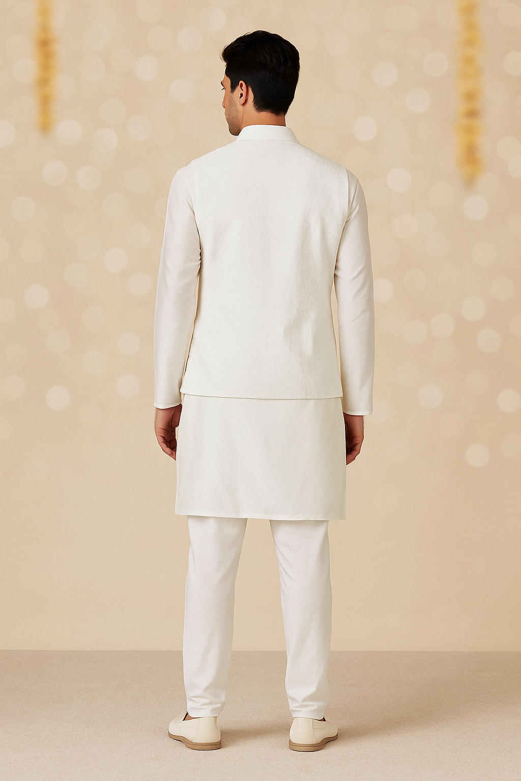 Royal White Nehru Jacket Set with Gold Thread Detailing | Code: 1196