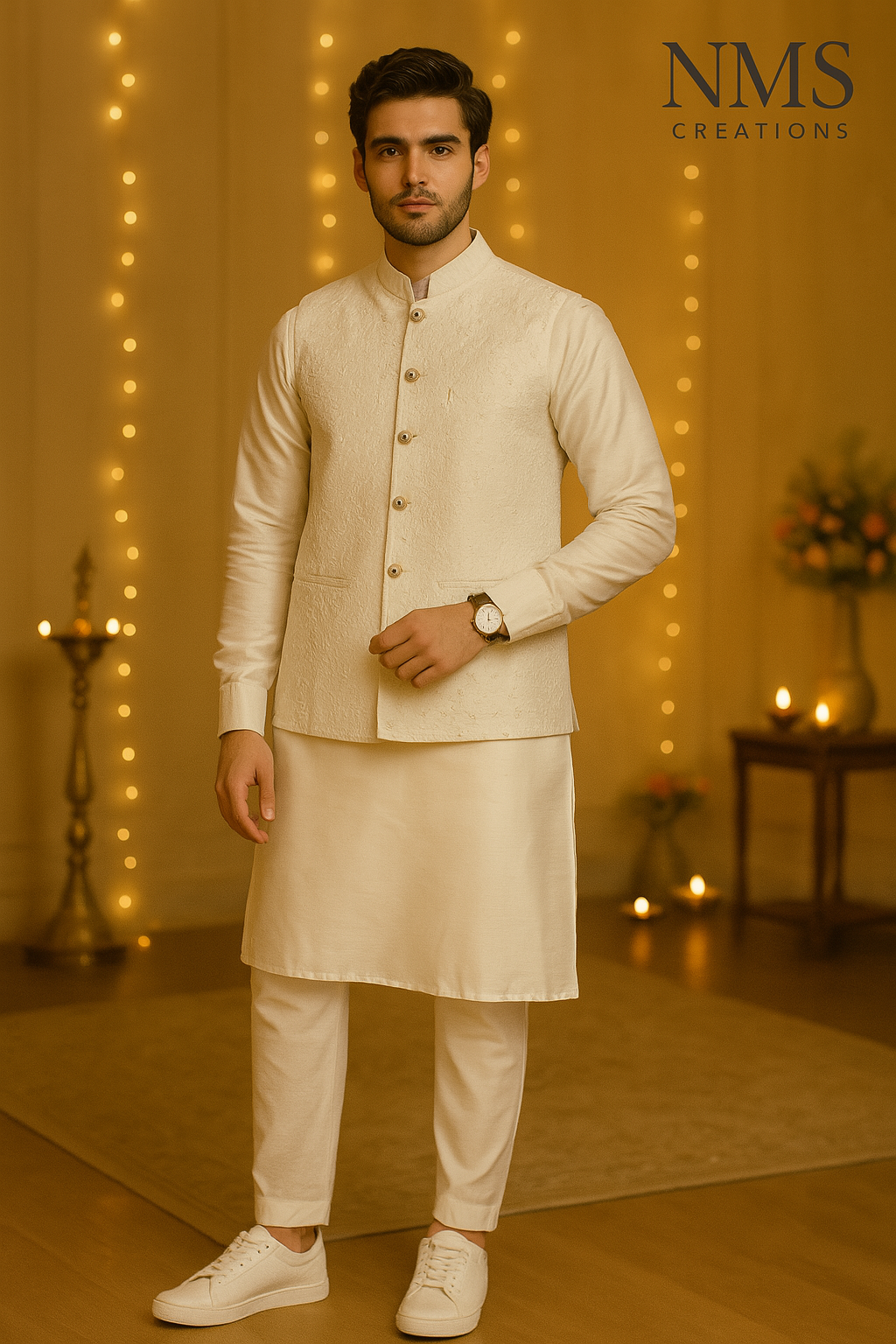 Royal White Nehru Jacket Set with Gold Thread Detailing | Code: 1196