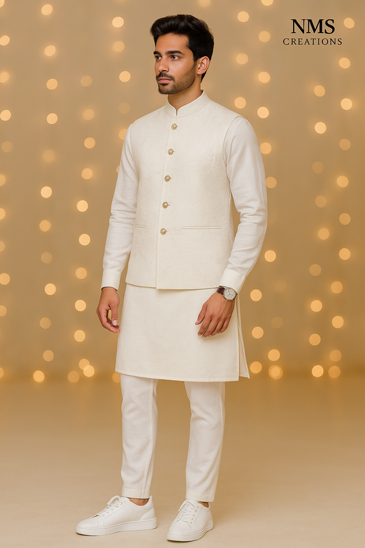 Royal White Nehru Jacket Set with Gold Thread Detailing | Code: 1196