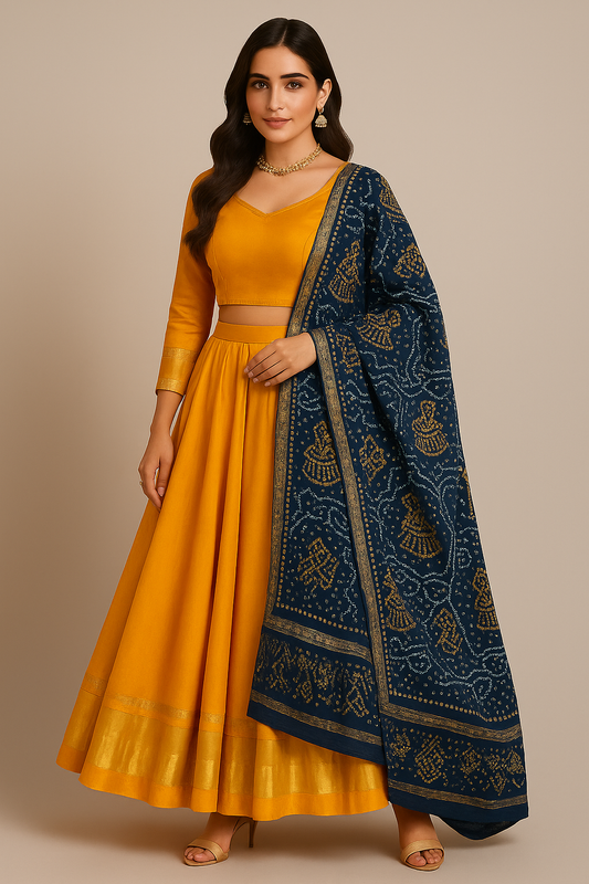 Golden Yellow Lehenga Choli with Blue Bandhani Dupatta