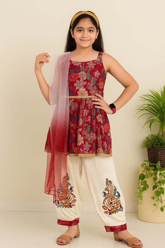 Girls Vibrant Red Patiala Suit - 9072