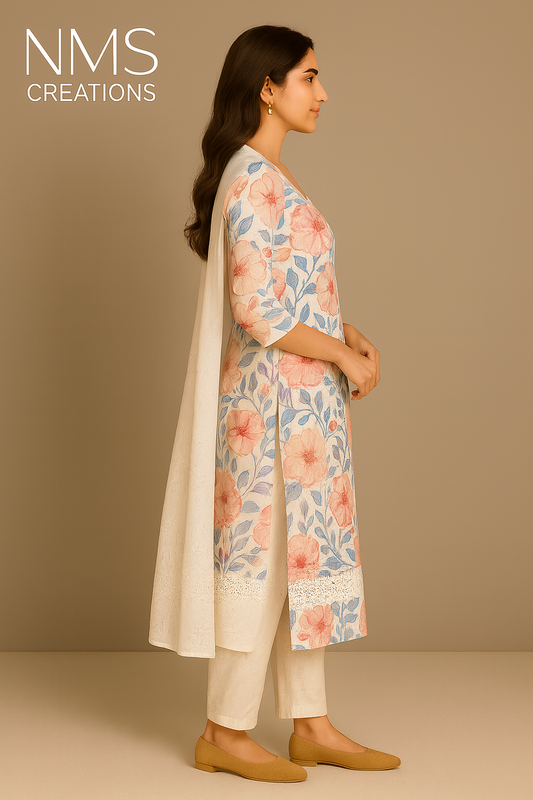 Woman wearing a floral outfit with a beige background, branded 'NMS Creations'.