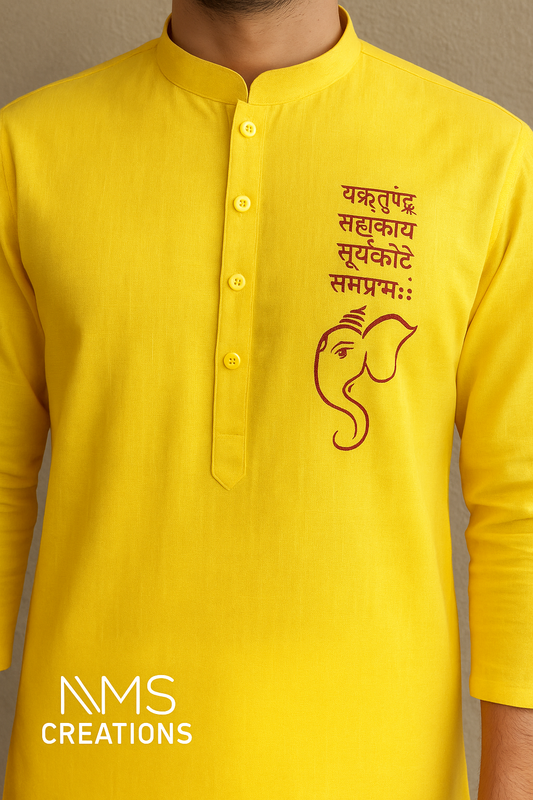 Yellow kurta with embroidered design and text on a plain background