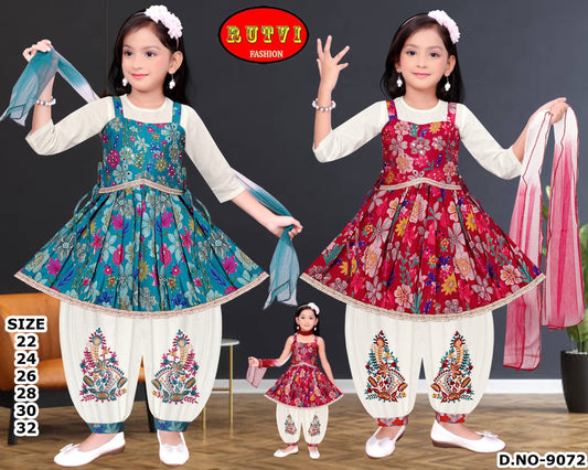 Girls wearing floral printed festive salwar suits with embroidered white pants and dupatta, available in multiple sizes.