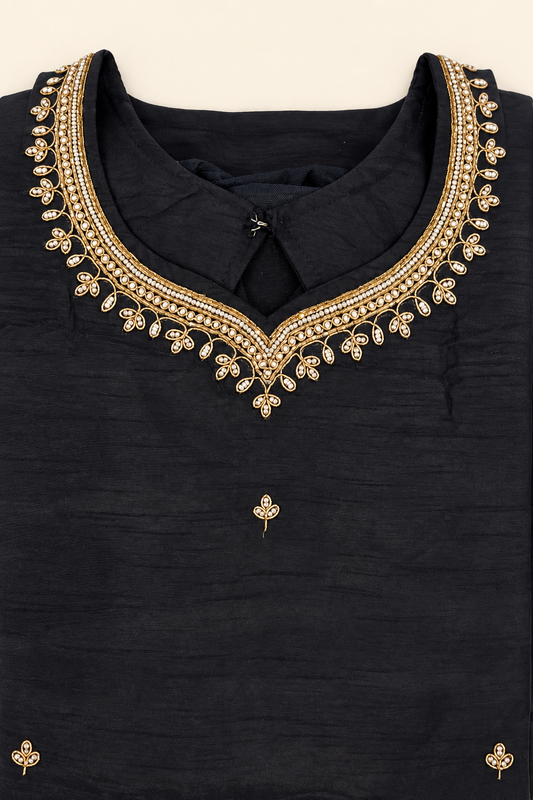 Black silk designer salwar suit with gold embellished V-neckline – detail view