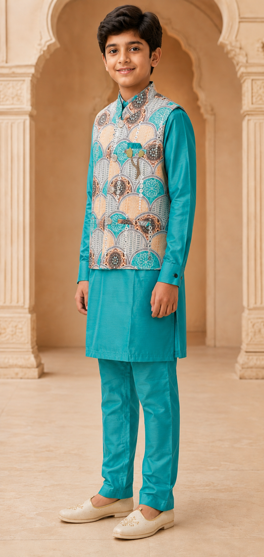 Boys Aqua Blue premium cotton kurta pyjama and koti set – side view