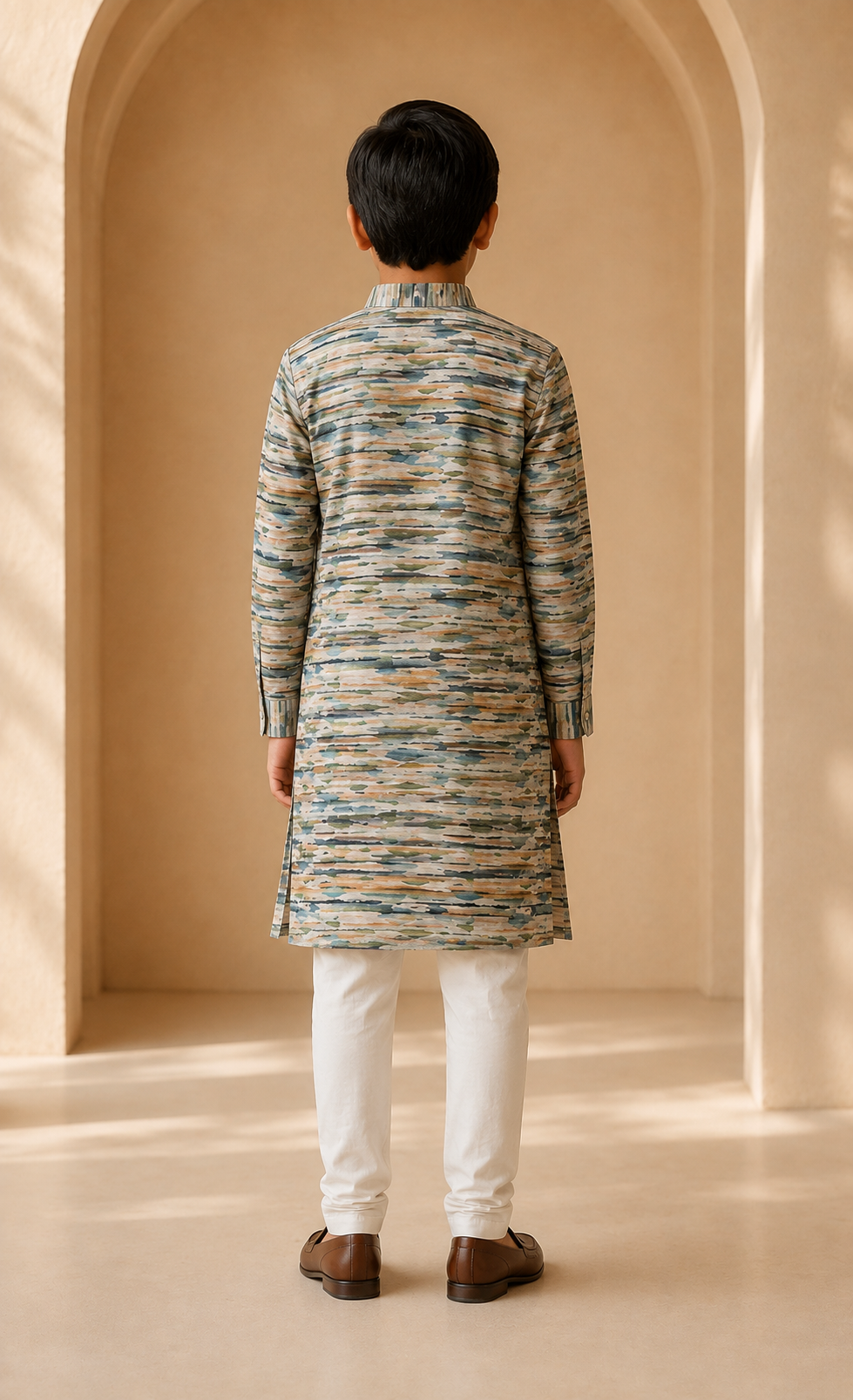 Boys Earthy Green printed kurta churidar set rear view