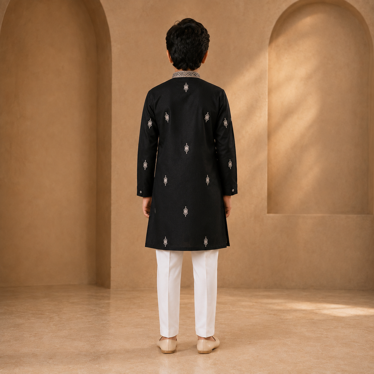 Boys Embroidered Kurta Set in Black - back view