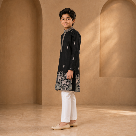 Boys Embroidered Kurta Set in Black - side view