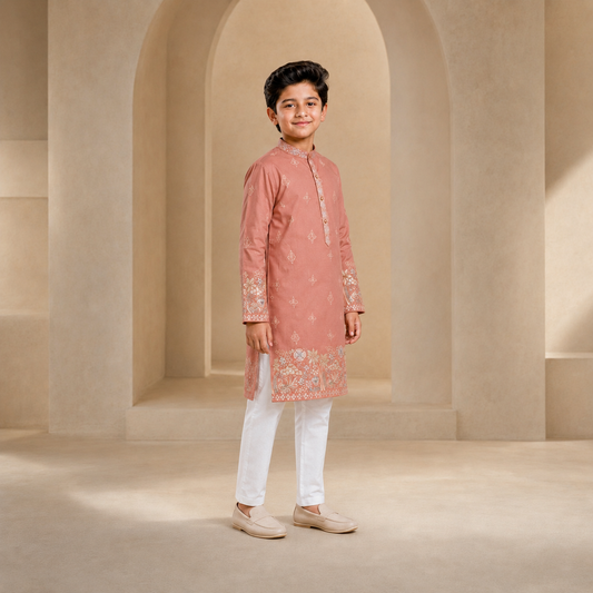 Boys Embroidered Kurta Set in Dusty Rose - side view