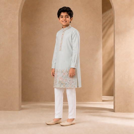 Boys Embroidered Kurta Set in Ice Blue - side view