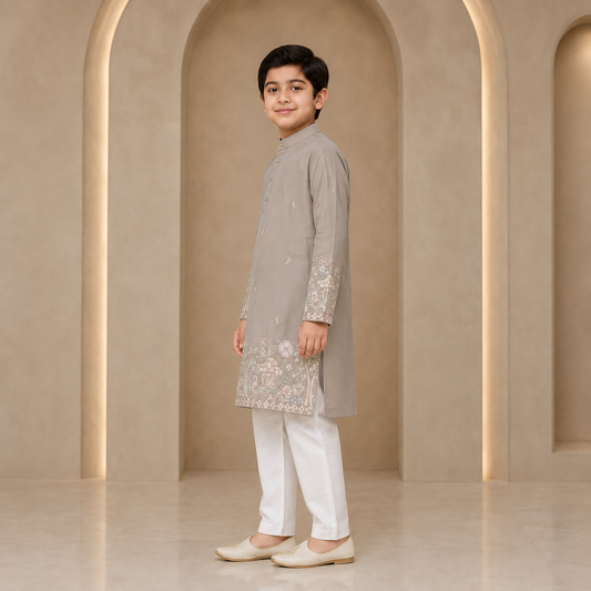 Boys Embroidered Kurta Set in Stone Grey - side view