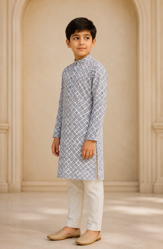 Boys Grey Diamond Geometric kurta set side view