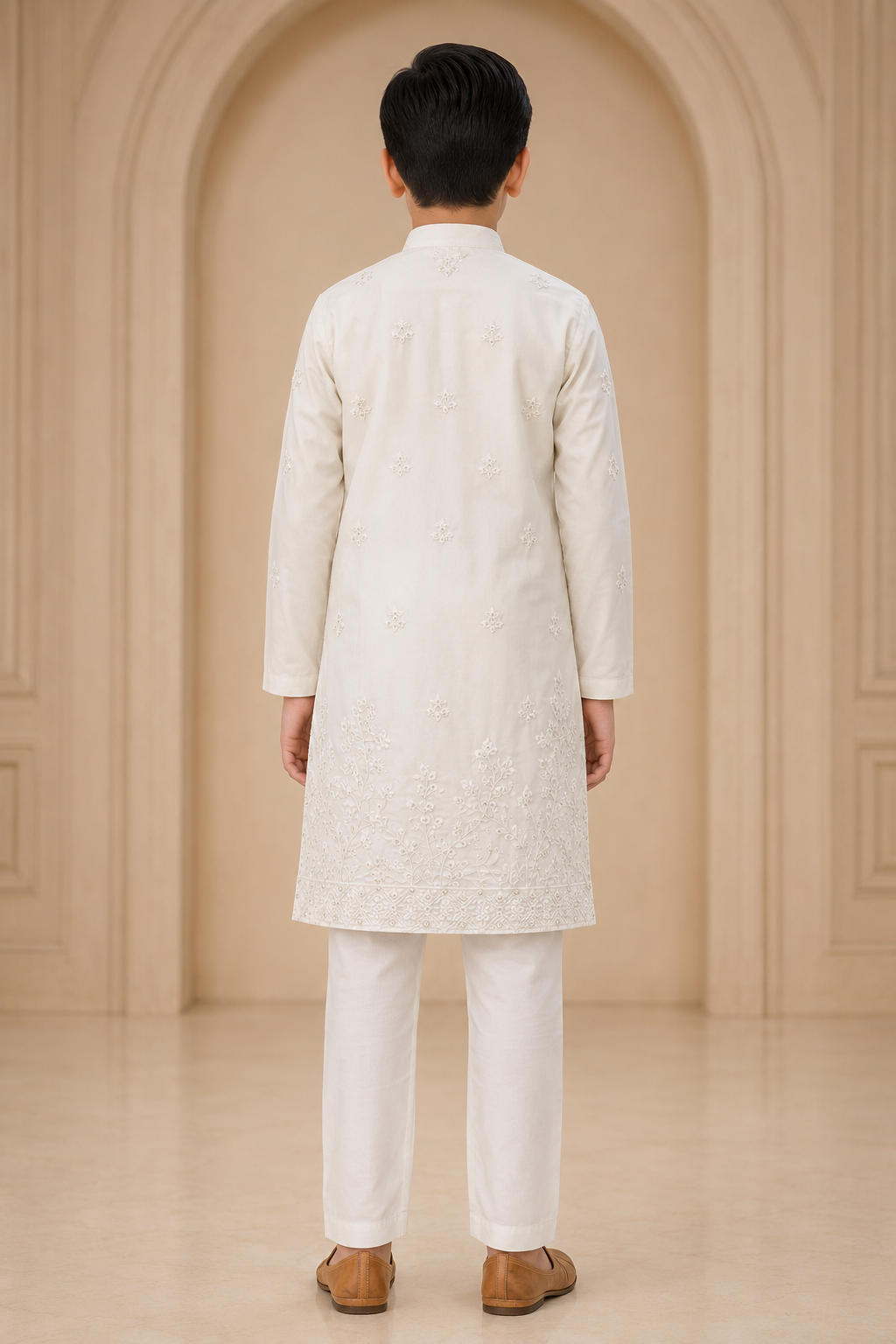 Boys Ivory Tonal Floral Embroidered kurta set rear view