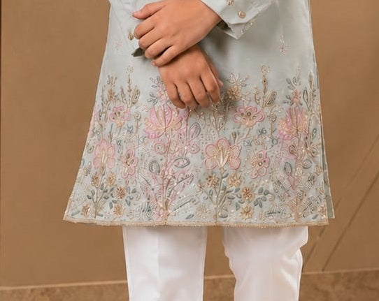 Ice blue boys kurta embroidered hem detail