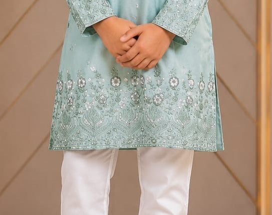 Mint green boys kurta embroidered hem detail
