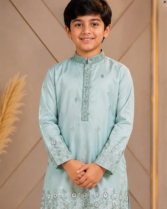 Mint green boys kurta collar and embroidery detail