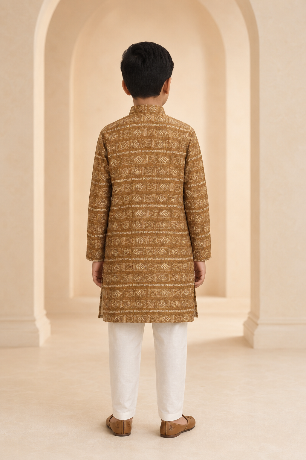 Boys Olive Gold woven print kurta set rear view