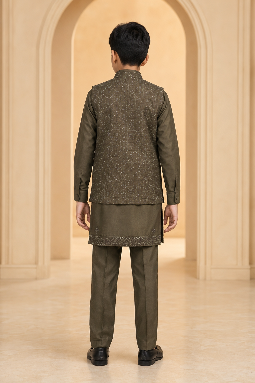Boys Olive Green Embroidered Waistcoat kurta set rear view