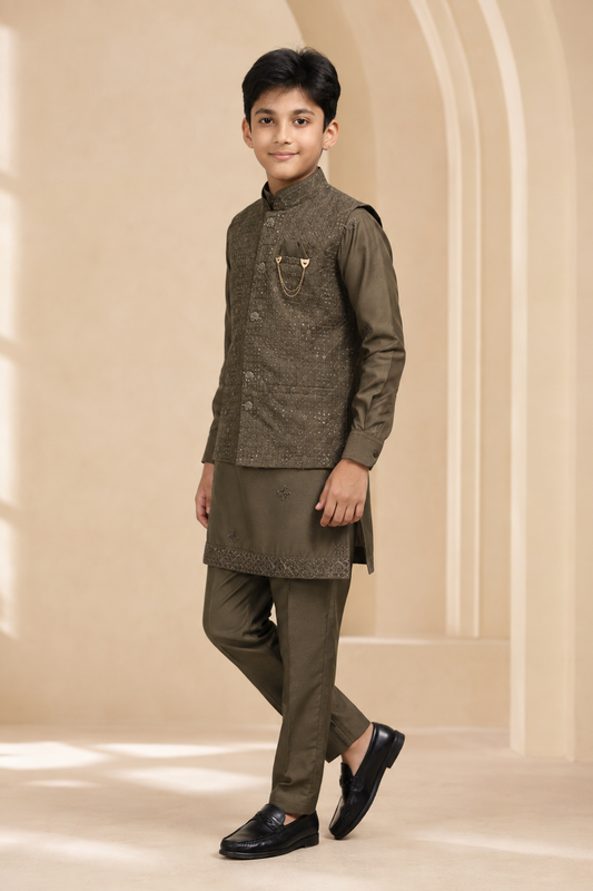 Boys Olive Green Embroidered Waistcoat kurta set side view