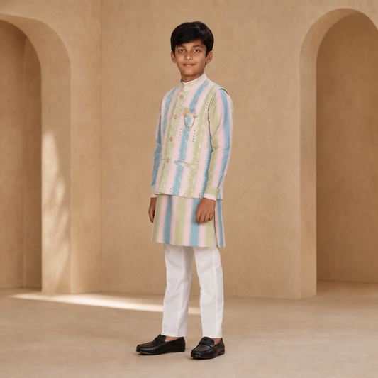 Boys Pastel Multi Kurta Set with Jacket - side view