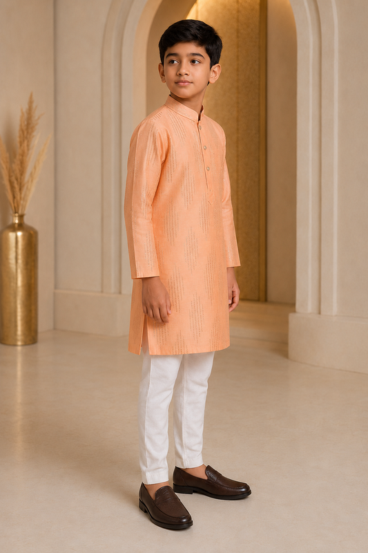 Boys peach elegance silk kurta pajama set – side view