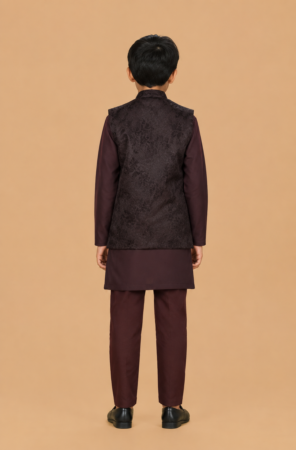 Back view of the Boys Wine Maroon three-piece kurta jacket set
