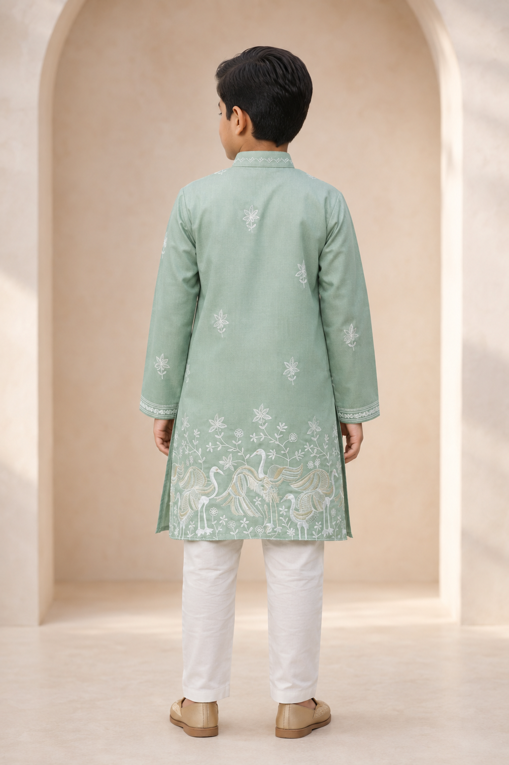 Boys Sage Green Crane Embroidered kurta set rear view