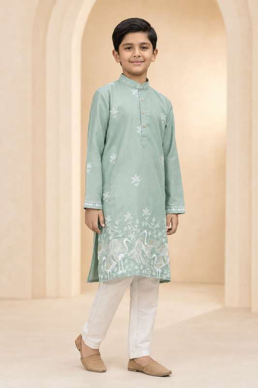 Boys Sage Green Crane Embroidered kurta set side view