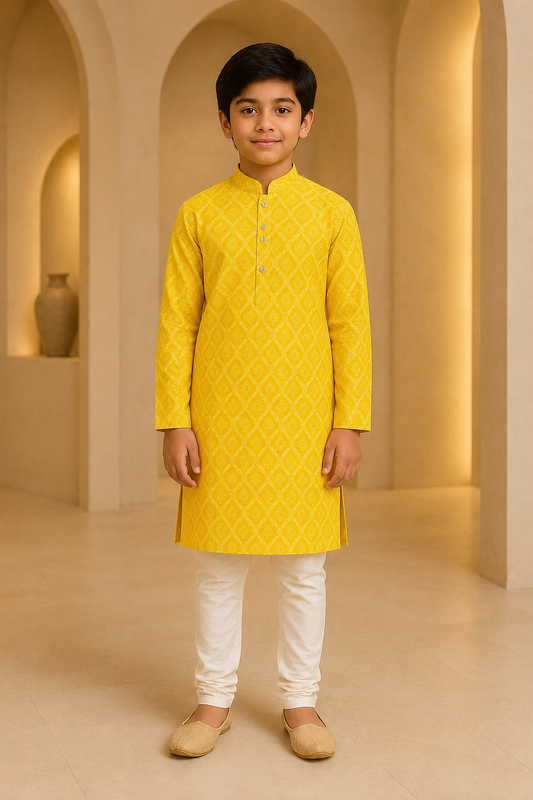 Boys sunrise yellow ikat kurta set – front view