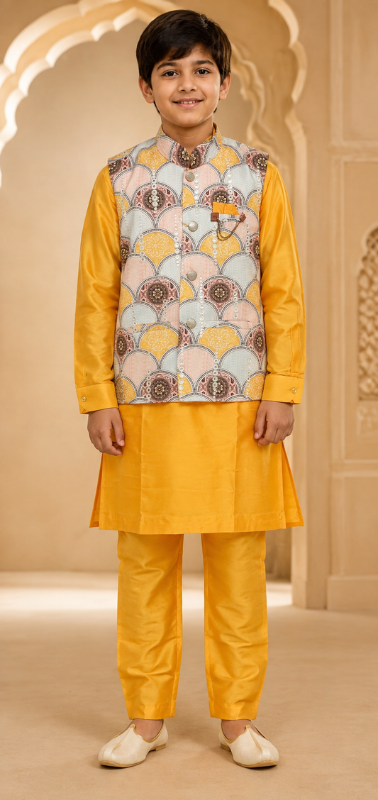 Boys Sunshine Yellow premium cotton kurta pyjama and koti set – front view