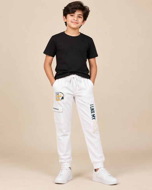 Boys white cotton cargo trousers with music graphic, front model view