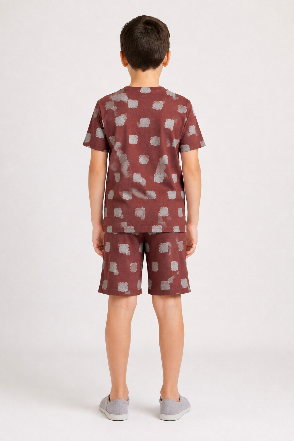 Boys rust brown teddy print short night suit back view