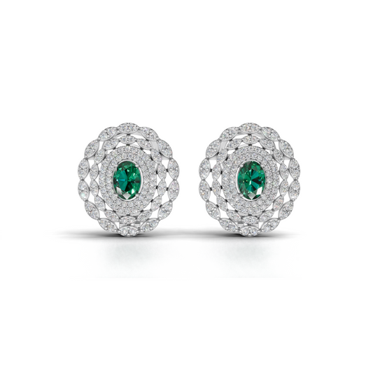 Green Centre-Stone LGD Halo Stud Earrings with Contrasting Diamond Surround – TPER-0357