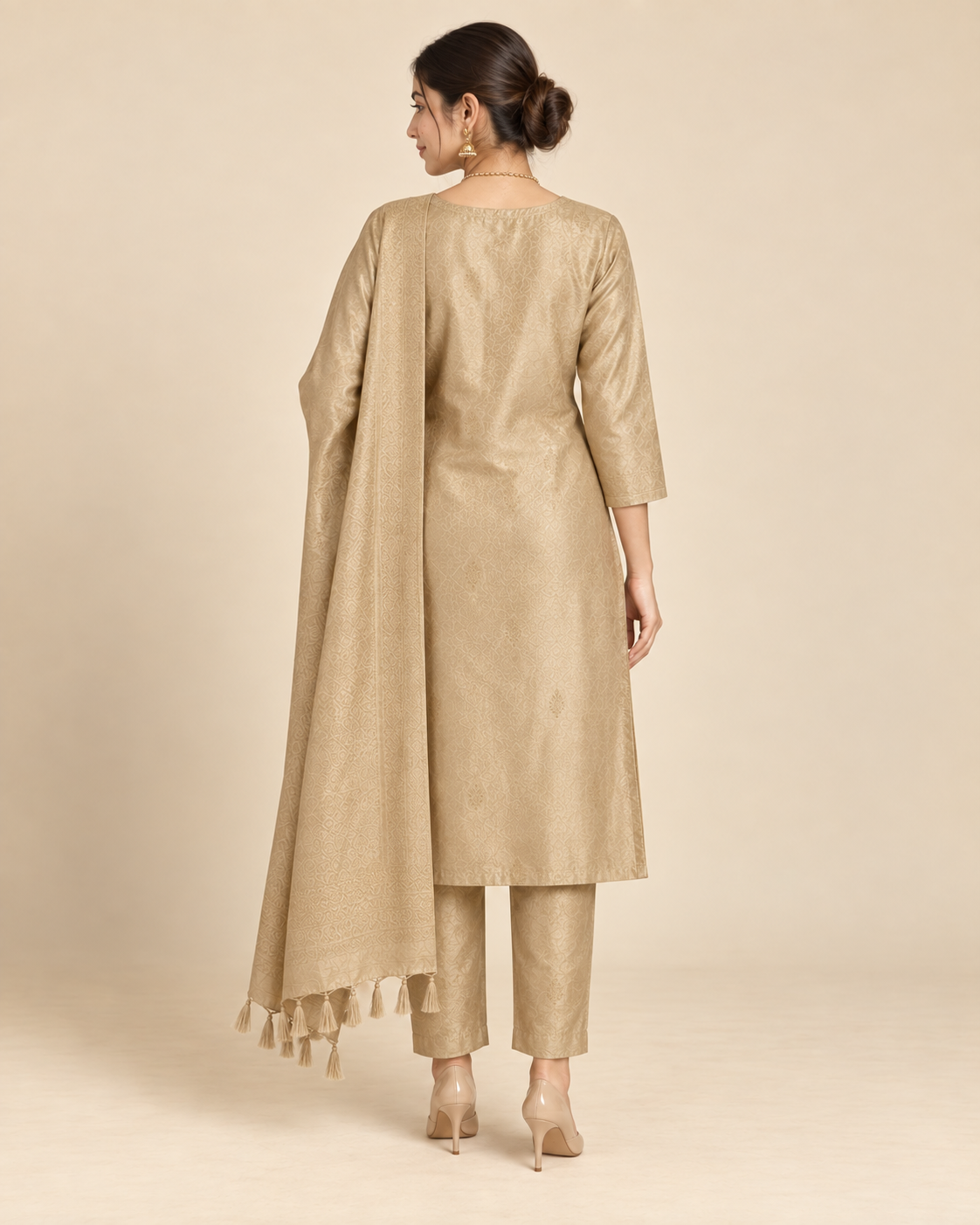 Champagne zari weave kurta set on model - full back view