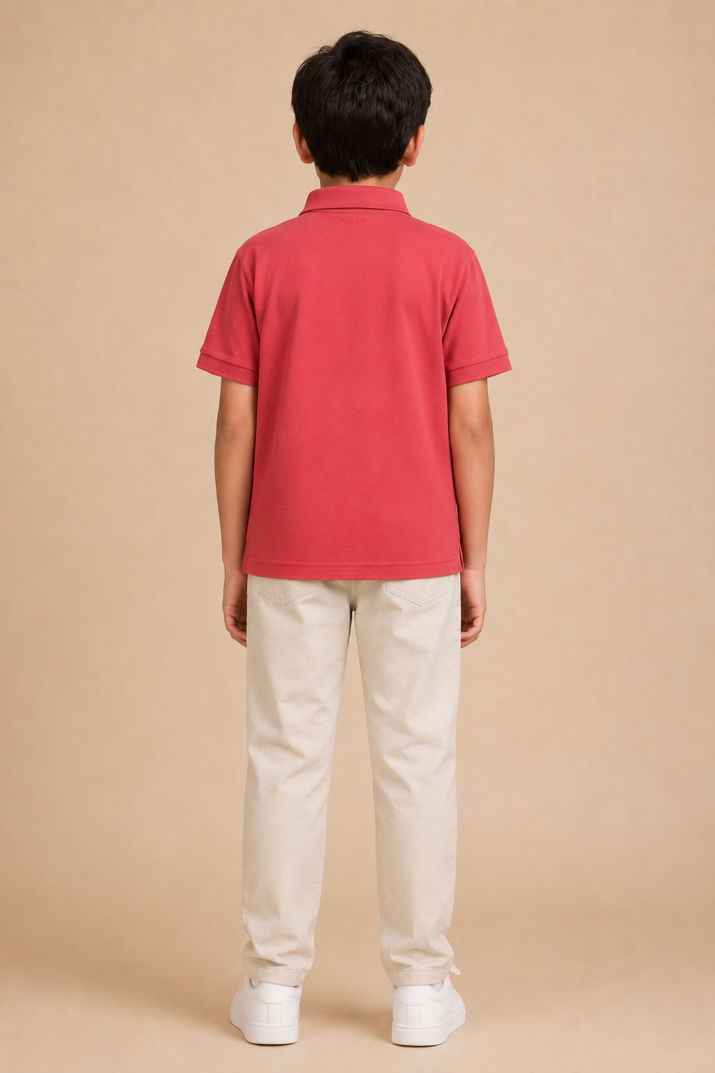 Boys coral red printed cotton polo T-shirt – back view