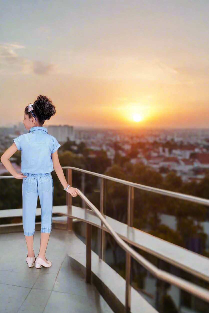 Stylish Light Denim Cotton Jeans Co-ord Set for Girls