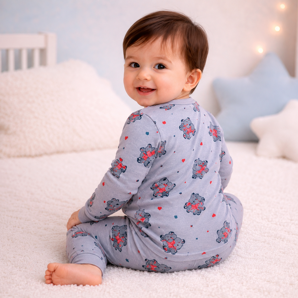Dusty Blue koala print baby lounge set rear view