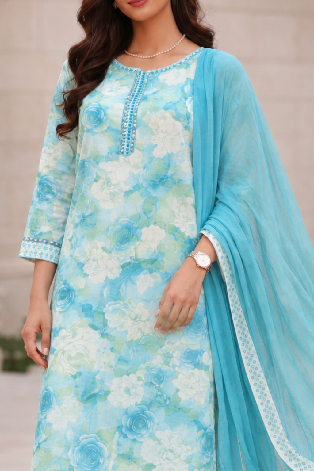 Dusty blue floral suit with beaded neckline and dupatta border detail