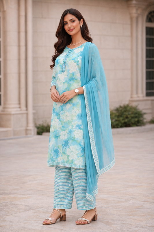 Dusty blue floral three-piece suit set for women – three-quarter view
