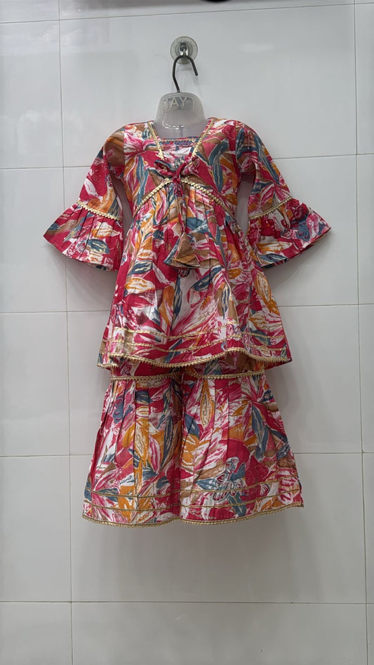 Girls' festive two-piece set with colorful floral print and flared sleeves on hanger