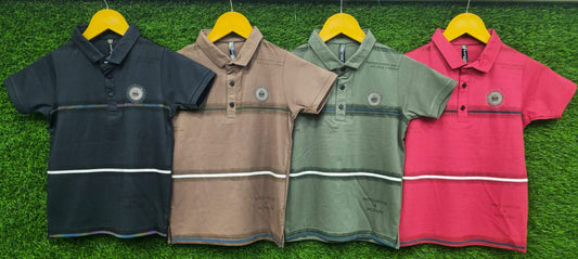 Kids collared polo shirts in black, brown, green, and red with stripe accents, displayed on hangers against green background