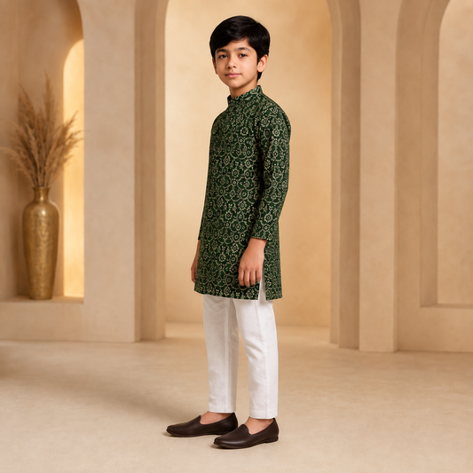 Festive green printed boys kurta pajama set – side view