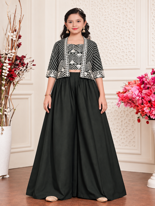 Girls Forest Green Indo-Western Palazzo Set – front view