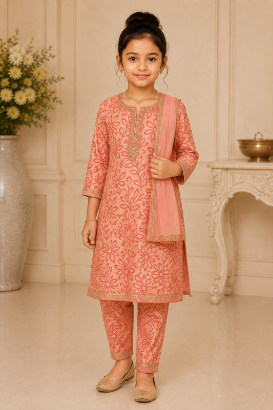 Girls light pink floral premium cotton Indian suit with Patiala and short dupatta - front view